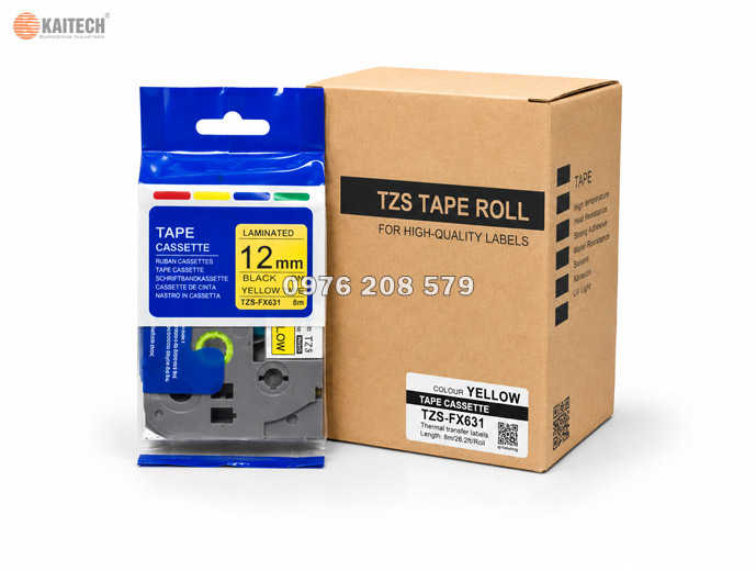 Nhãn in Brother TZS-FX631 (12mm, 8m) - Chữ Đen Nền Vàng (tương thích TZe-631)